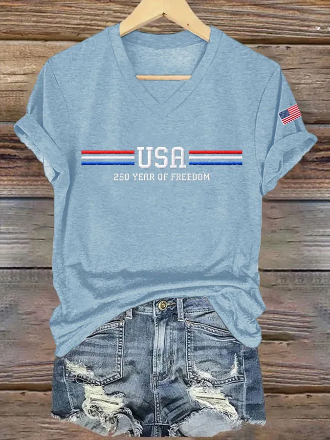 Women'S America Flag Print Casual V-Neck T-Shirt