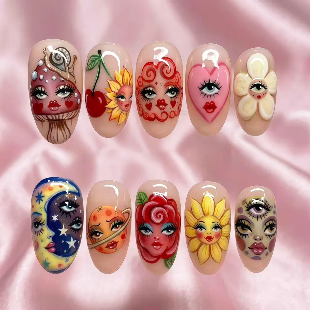 Nailhour 30Pcs Retro Bizarre Face Painting Halloween Press On Nails