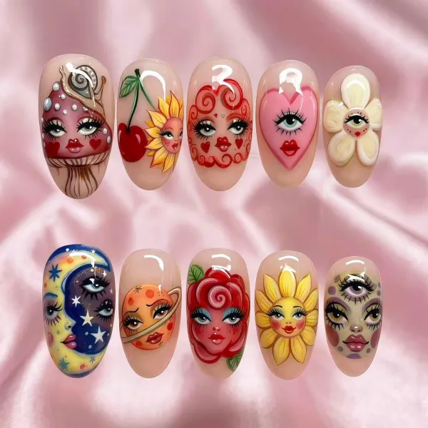 Nailhour 30Pcs Retro Bizarre Face Painting Halloween Press On Nails