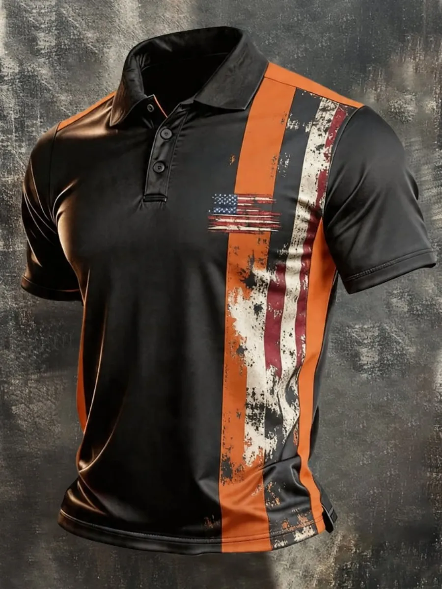 Men's Retro Patriotic Color-Block Short-Sleeve Polo Shirt