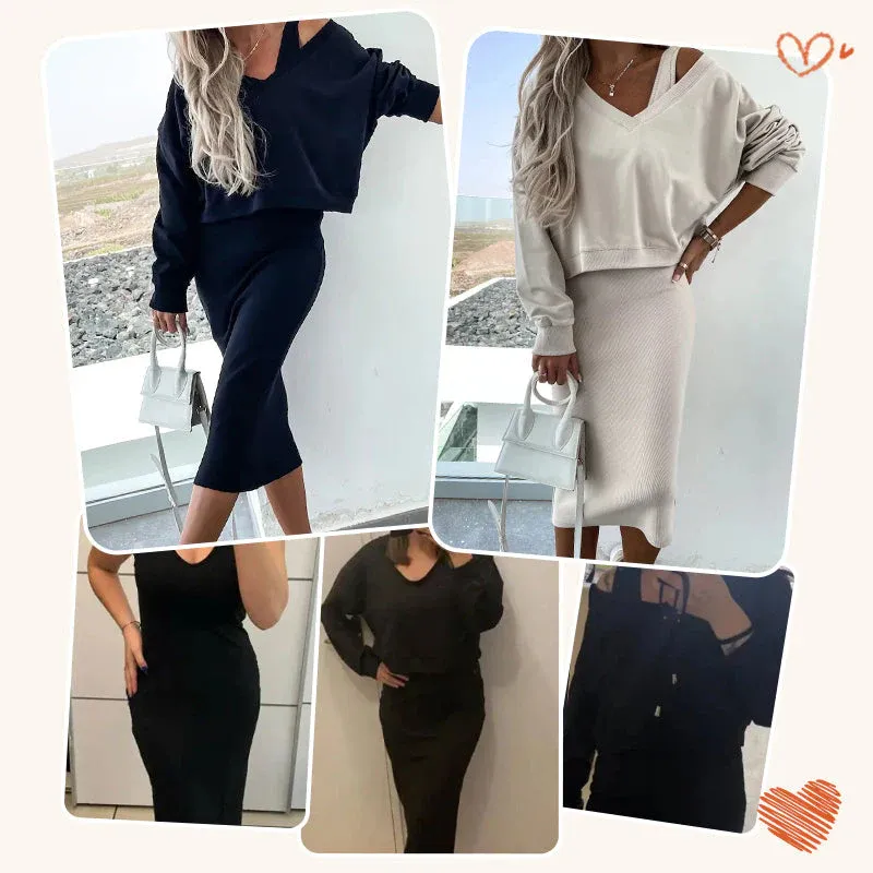 💥2025 New Arrive💥Women's 2-Piece Set Sleeveless Dress & Loose V-Neck Pullover