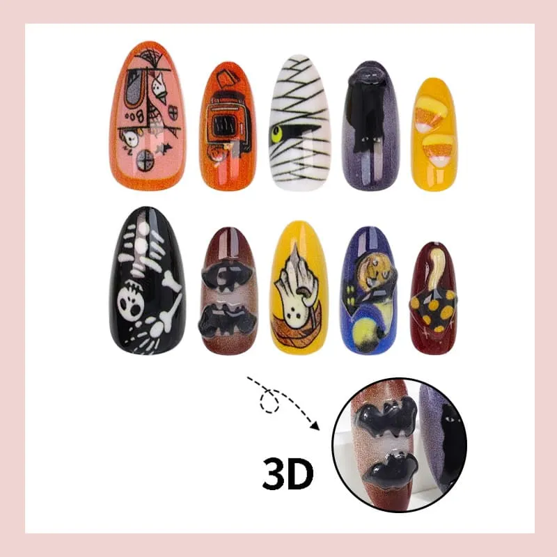 Nailhour 30Pcs Ghost Skeleton Halloween 3D Medium Almond Press On Nails