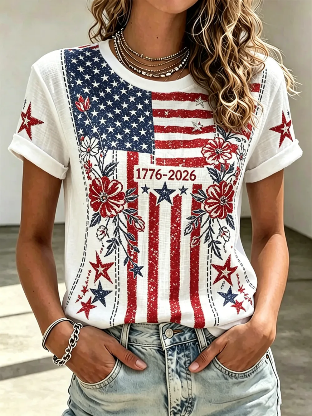 Ladies' Casual American 250Th Anniversary Floral Embroidery Personalized Print Round Neck T-Shirt