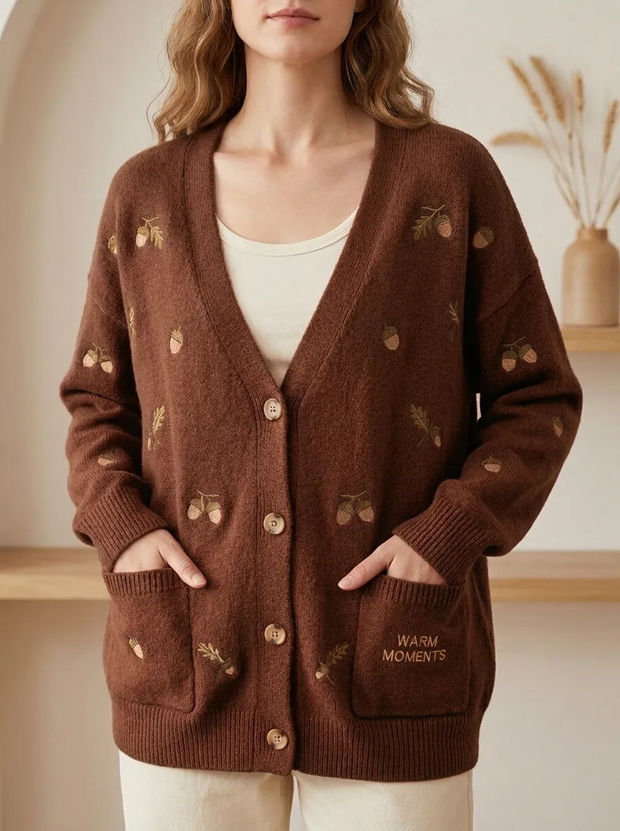 Relaxed Acorn Pattern Embroidered Women's Knit Cardigan