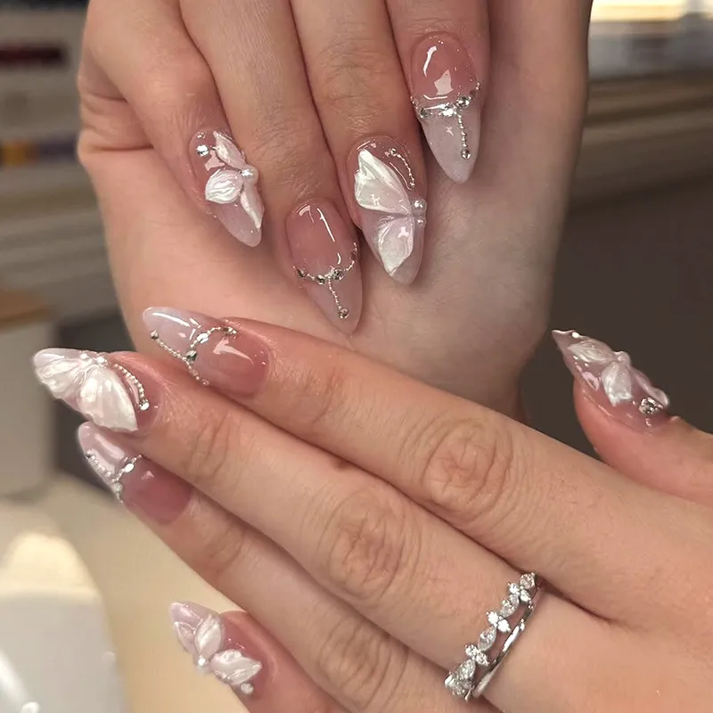 Nailhour 24Pcs Nude 3D Butterfly Medium Almond Press On Nails