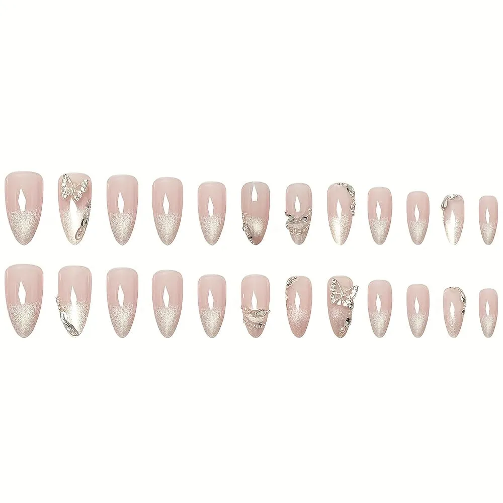 Nailhour 24Pcs French Glitter Nude Rhinestone Medium Almond Press On Nails