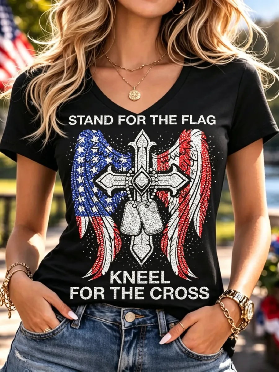 Women's America's 250th Anniversary Stand For The Flag Kneel For The Cross Faith Christian Cross Print T-Shirt