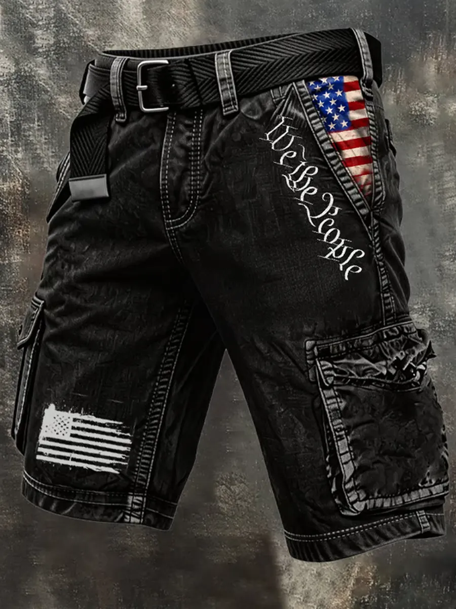 Patriot Retro Outdoor Functional Washed Distressed Denim Shorts