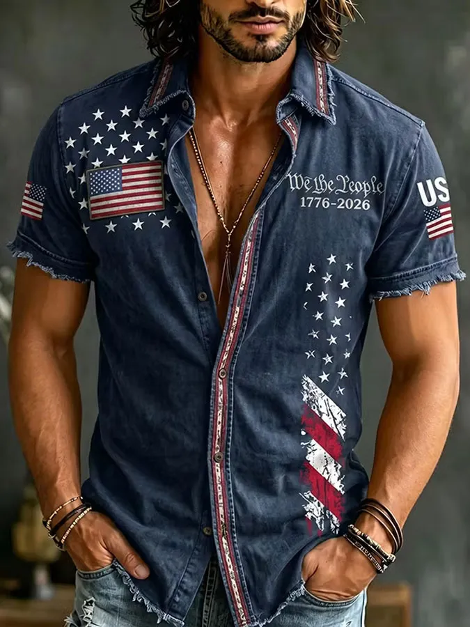 Men'S Retro Flag Printed Short Sleeved Shirt