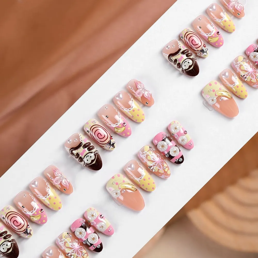 Nailhour 30Pcs French 3D Rhinestone Medium Almond Press On Nails