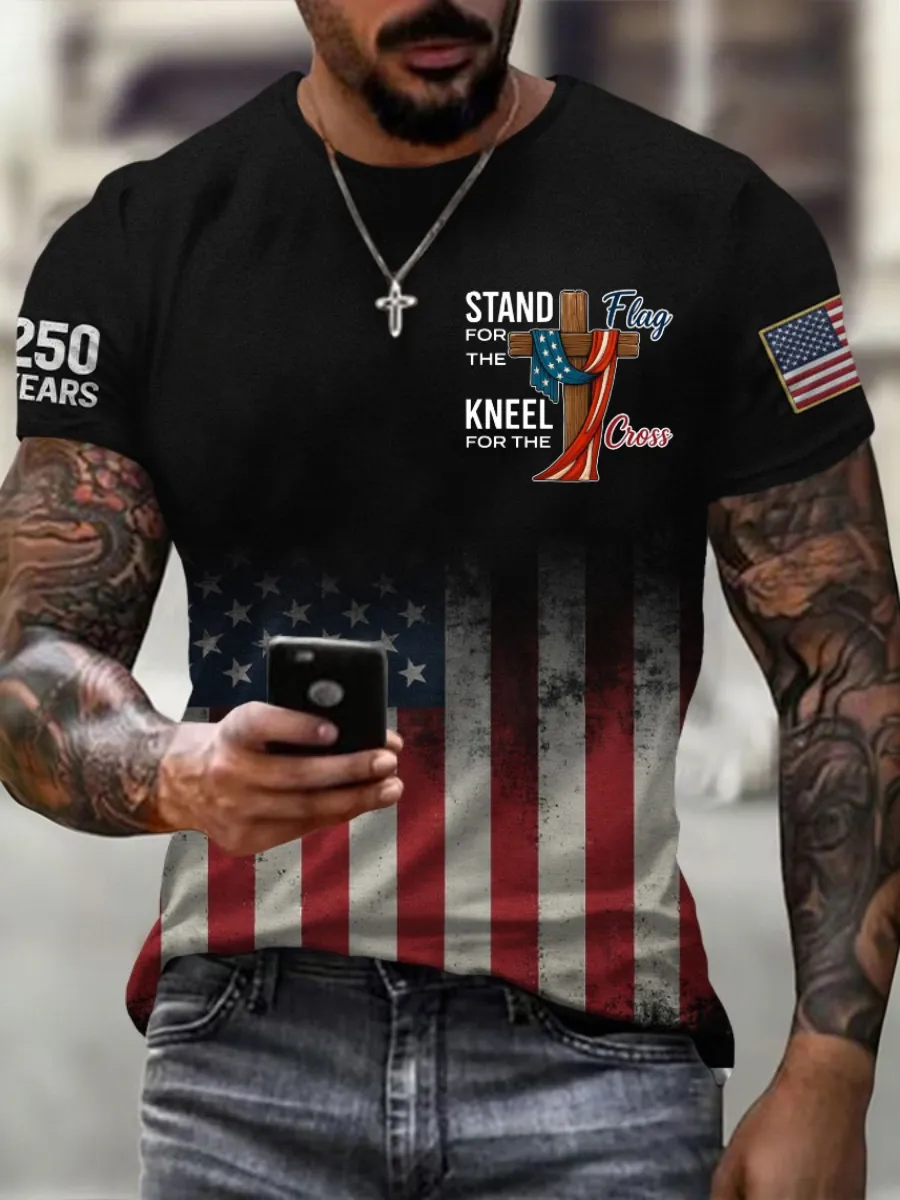 Men's America's 250th Anniversary Stand For The Flag Kneel For The Cross Faith Christian Cross Print T-Shirt