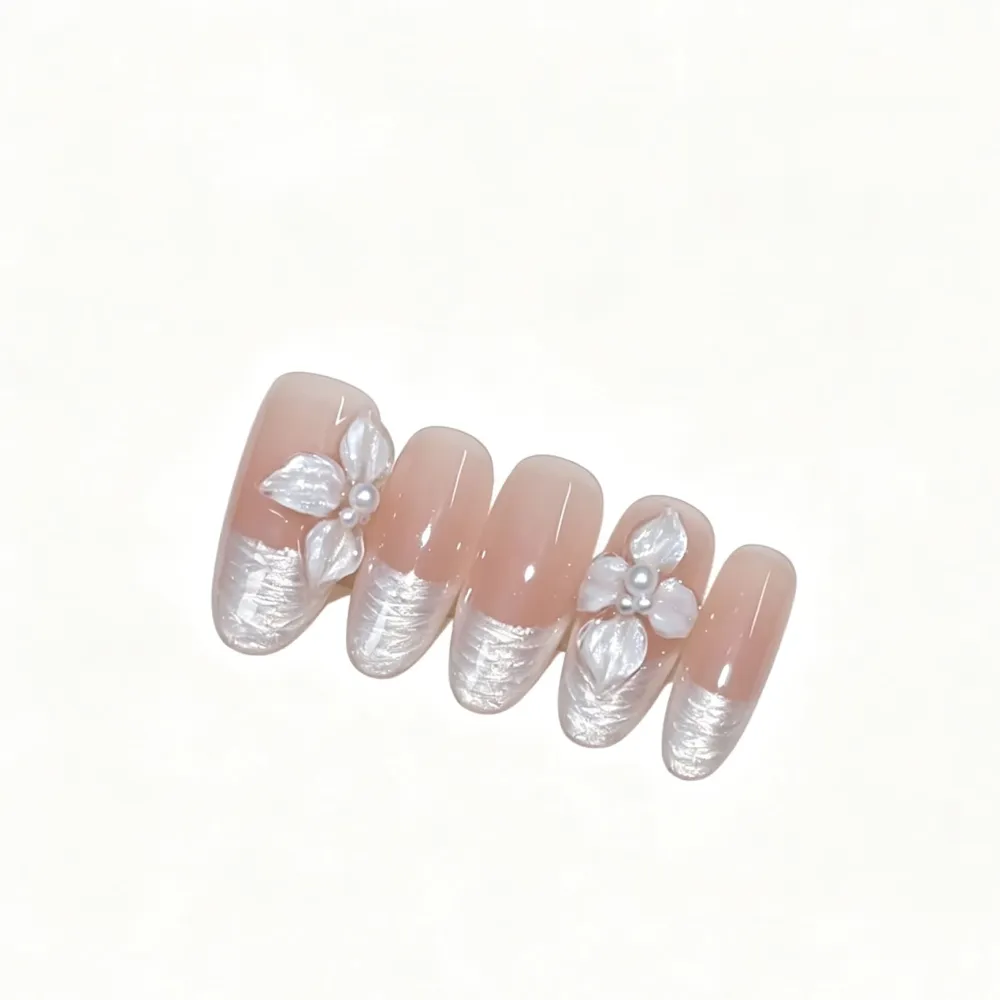 Nailhour 10Pcs French 3D Floral Medium Oval Press On Nails