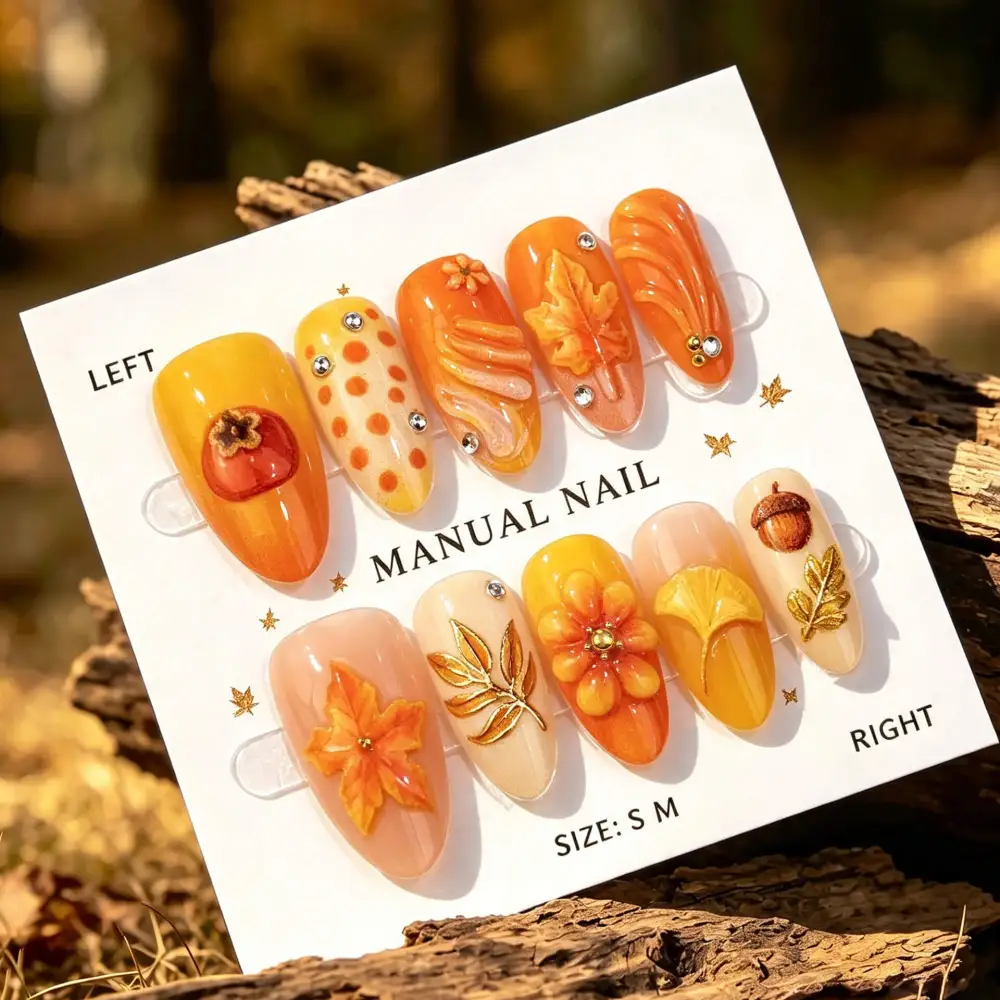 Nailhour 30Pcs Autumn Orange 3D Medium Almond Press On Nails