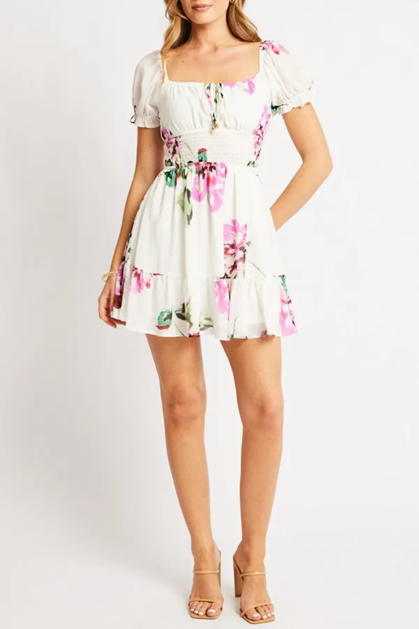 Purple Floral Fit And Flare Dress Mini
