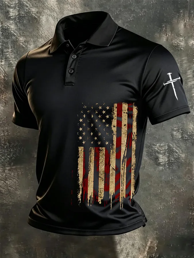 Men'S American Flag Print Casual Polo Shirt