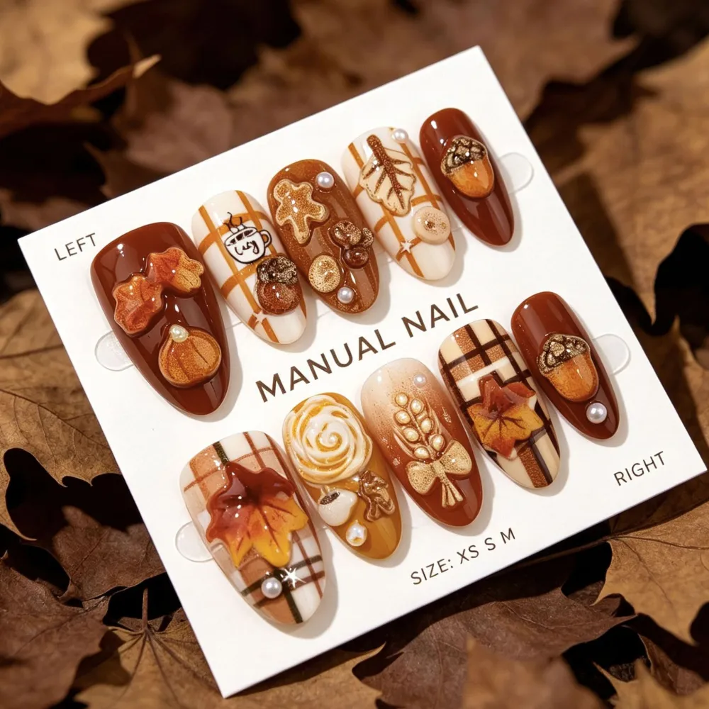 Nailhour 30Pcs 3D Biscuit Medium Almond Autumn Press On Nails