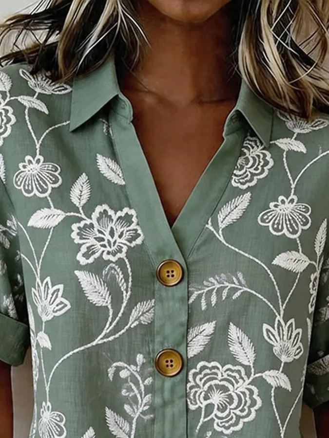 Women's Casual Printed 3-4-Sleeve Collar Shirt