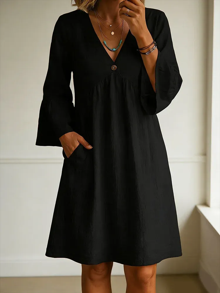 Ladies' Casual Daily Cotton And Linen V-Neck Patchwork Long Sleeved Jumpsuit Half Skirt