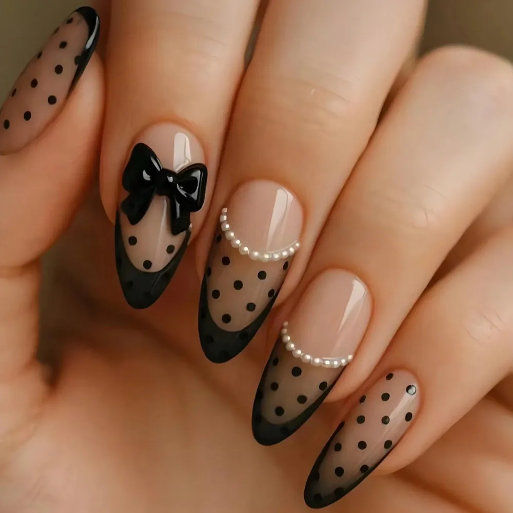 Nailhour Black 24pcs Medium Almond French Polka Dot With Bow Pearl Press On Nails