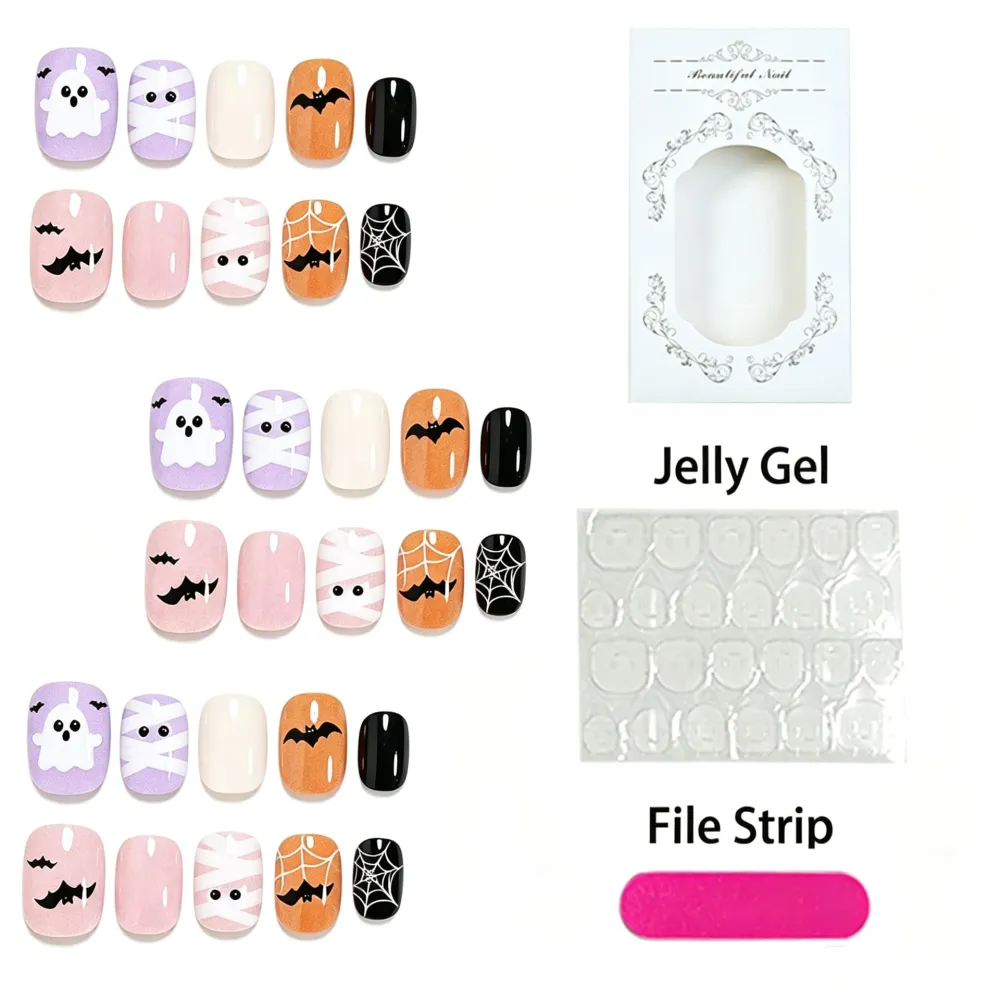 Nailhour 30Pcs Halloween Mummy Medium Square French Press On Nails