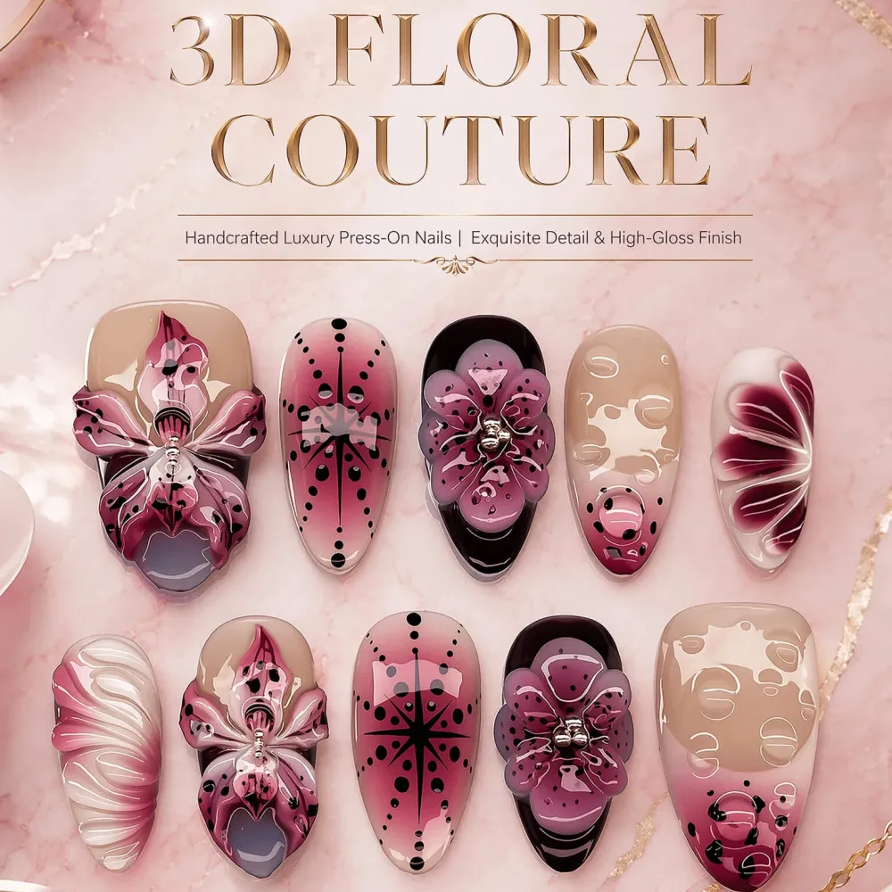 Nailhour 30Pcs Purple 3D Floral Resin Medium Almond Press On Nails