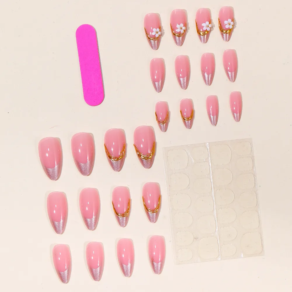 Nailhour 24Pcs Pink Gilded Cat Eye Medium Almond Press On Nails