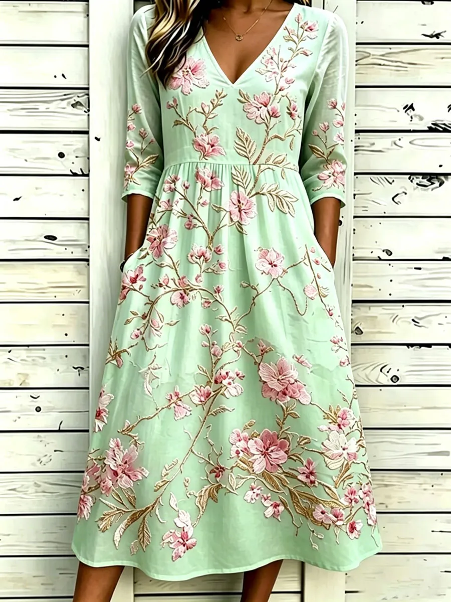 Women'S Cotton And Linen Casual Printed Loose Dress