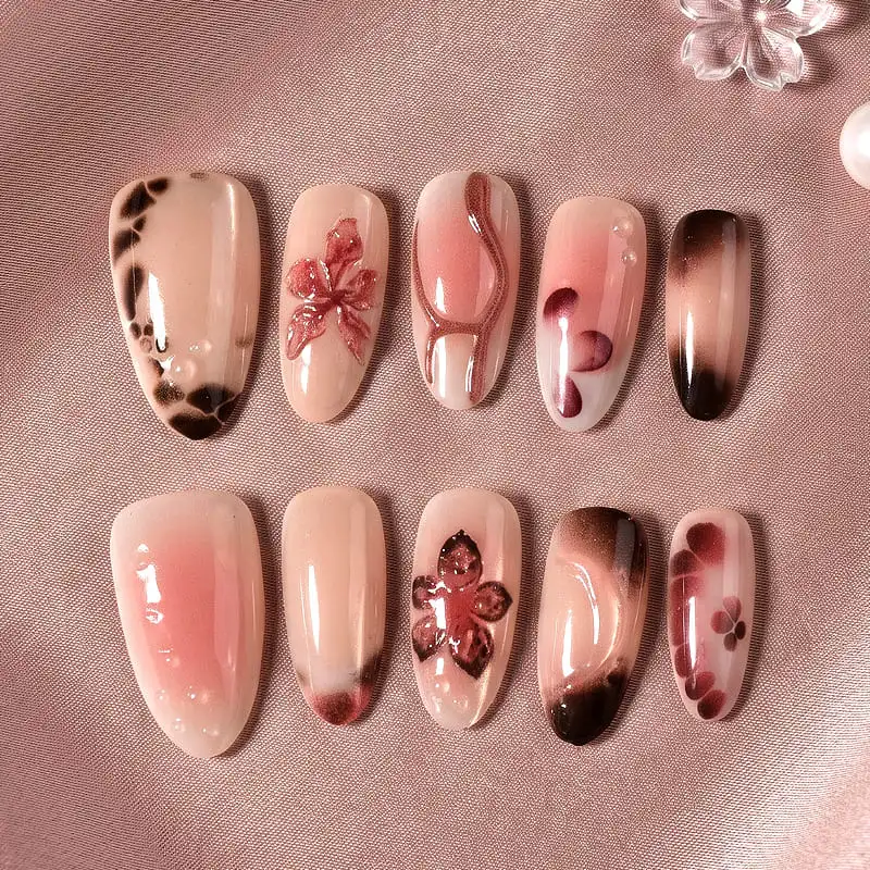 Nailhour 30Pcs French Brown Gradient Floral Medium Almond Press On Nails