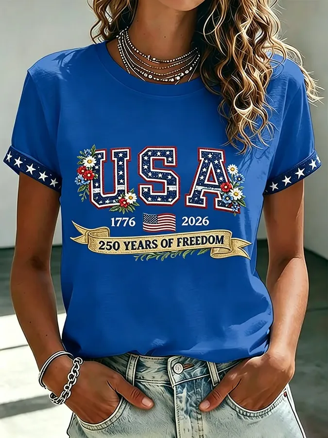 Women's 250 Years Of Freedom Flower Art Print T-shirt