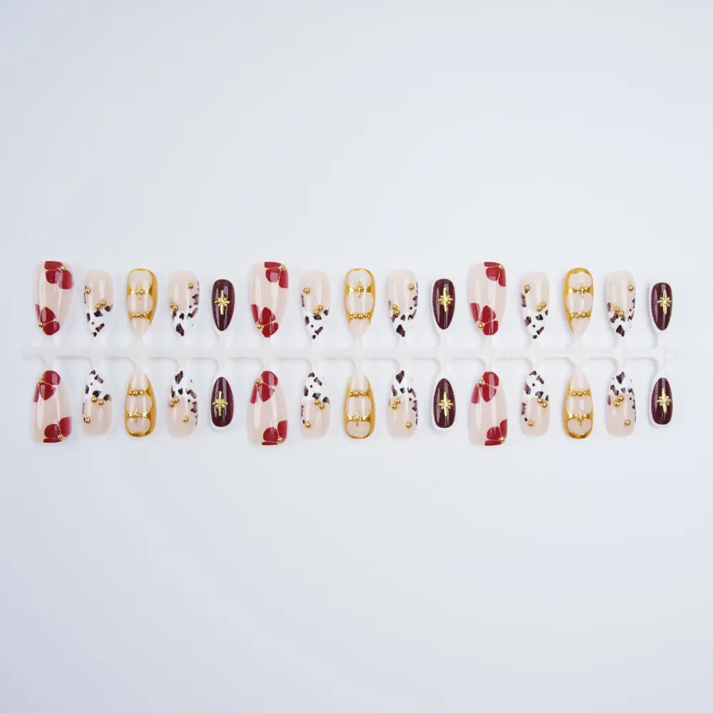 Nailhour 30Pcs Gilded 3D Leopard Print Medium Almond French Press On Nails