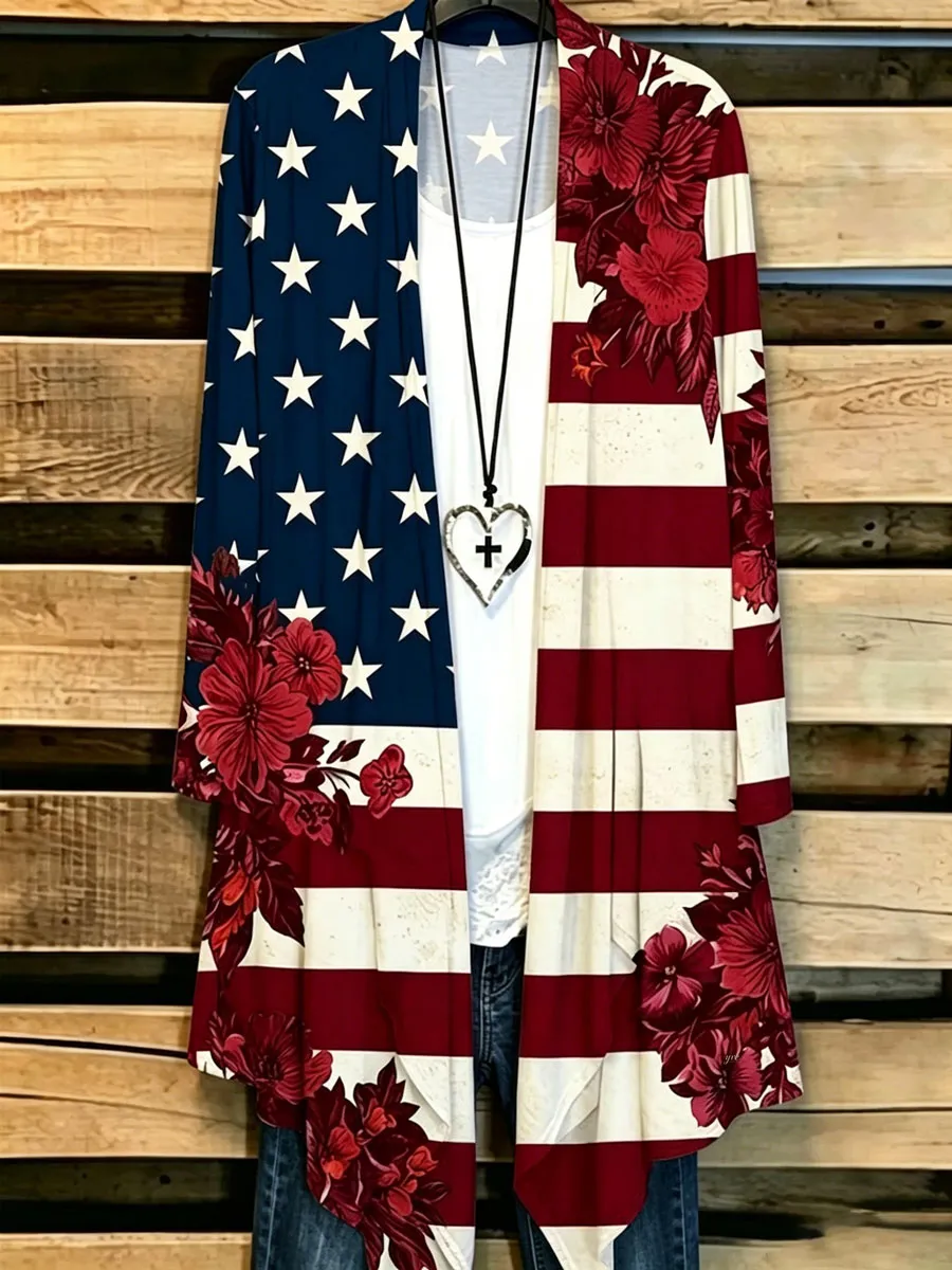 Women's Casual American Flag Print Cardigan