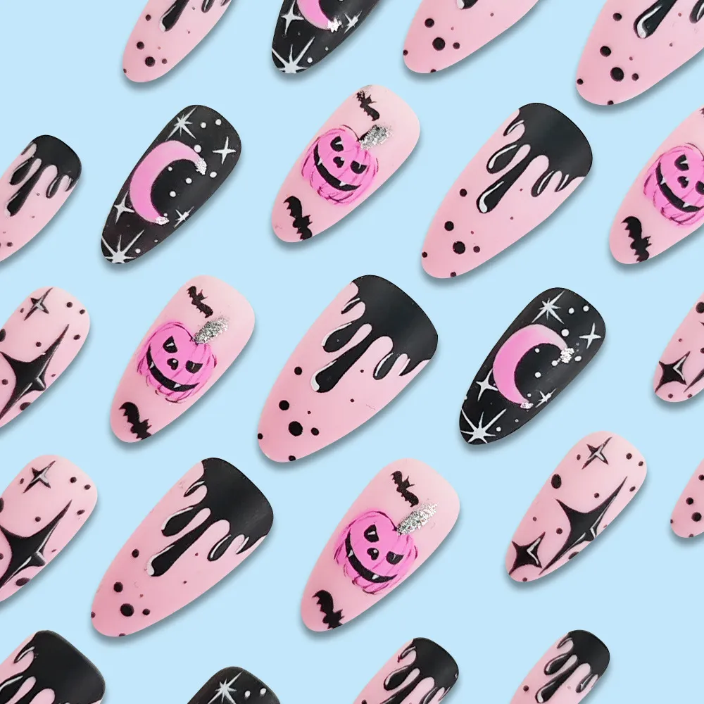 Nailhour 24Pcs Y2K Pink Pumpkin Halloween Press On Nails