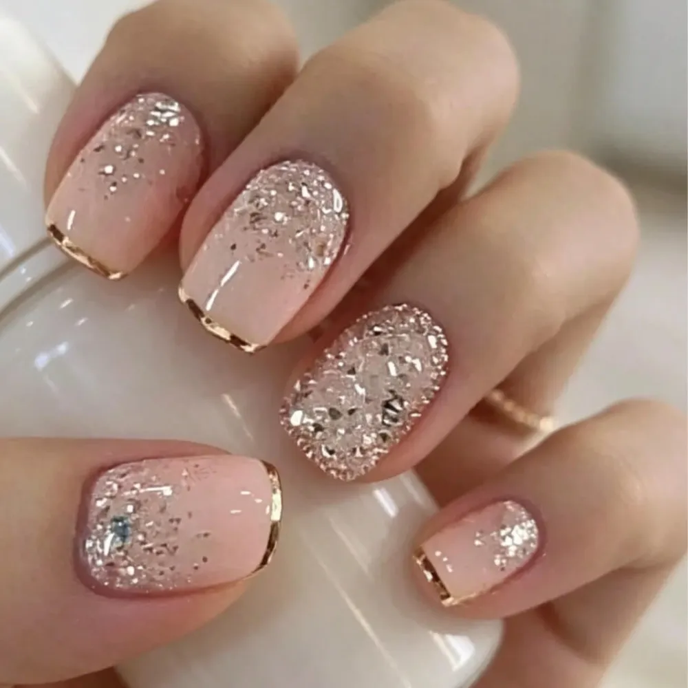 Nailhour 24Pcs French Medium Square Gilded Pink Press On Nails