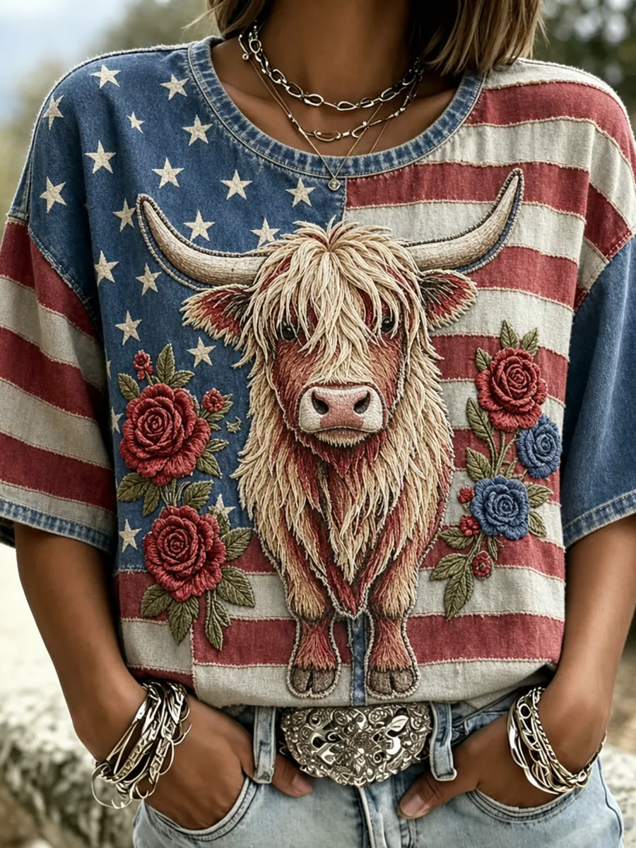 Women's America's 250th Anniversary Vintage Scottish Highland Cow Print T-Shirt