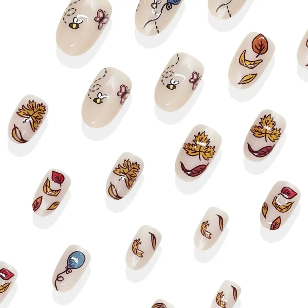 Nailhour 24Pc Short Oval Whimsical Autumn Leaves Press On Nails