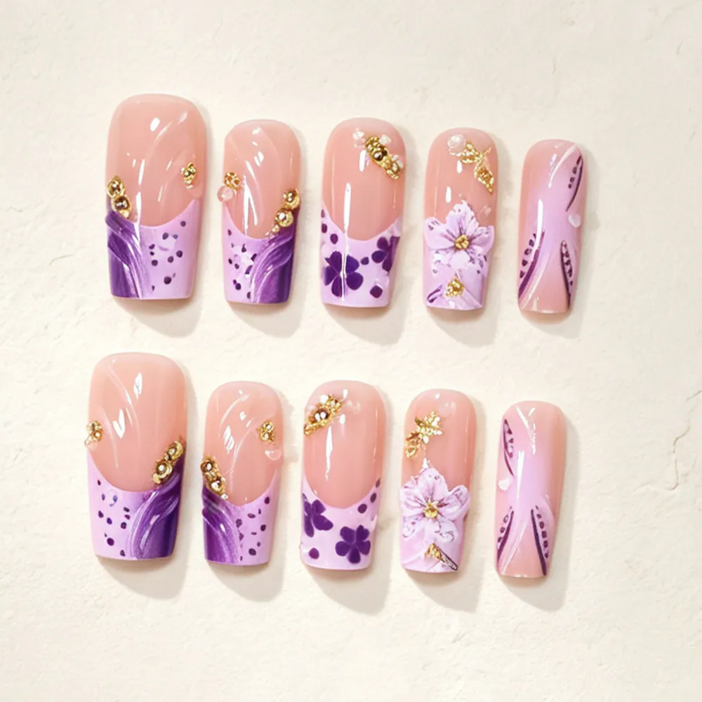 Nailhour 24Pcs 3D Floral French Medium Almond Press On Nails