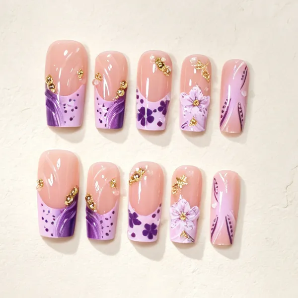 Nailhour 24Pcs 3D Floral French Medium Almond Press On Nails