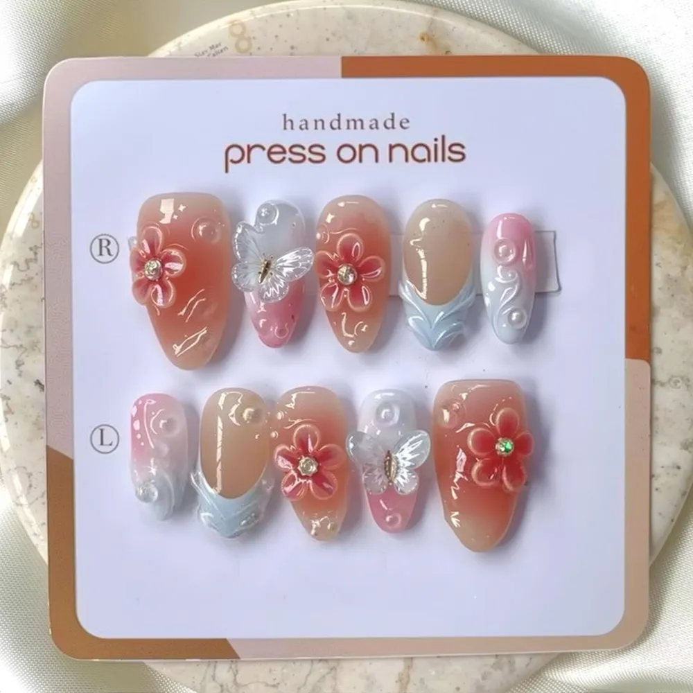 Nailhour 30Pcs Gradient 3D Medium Almond Rainbow French Press On Nails