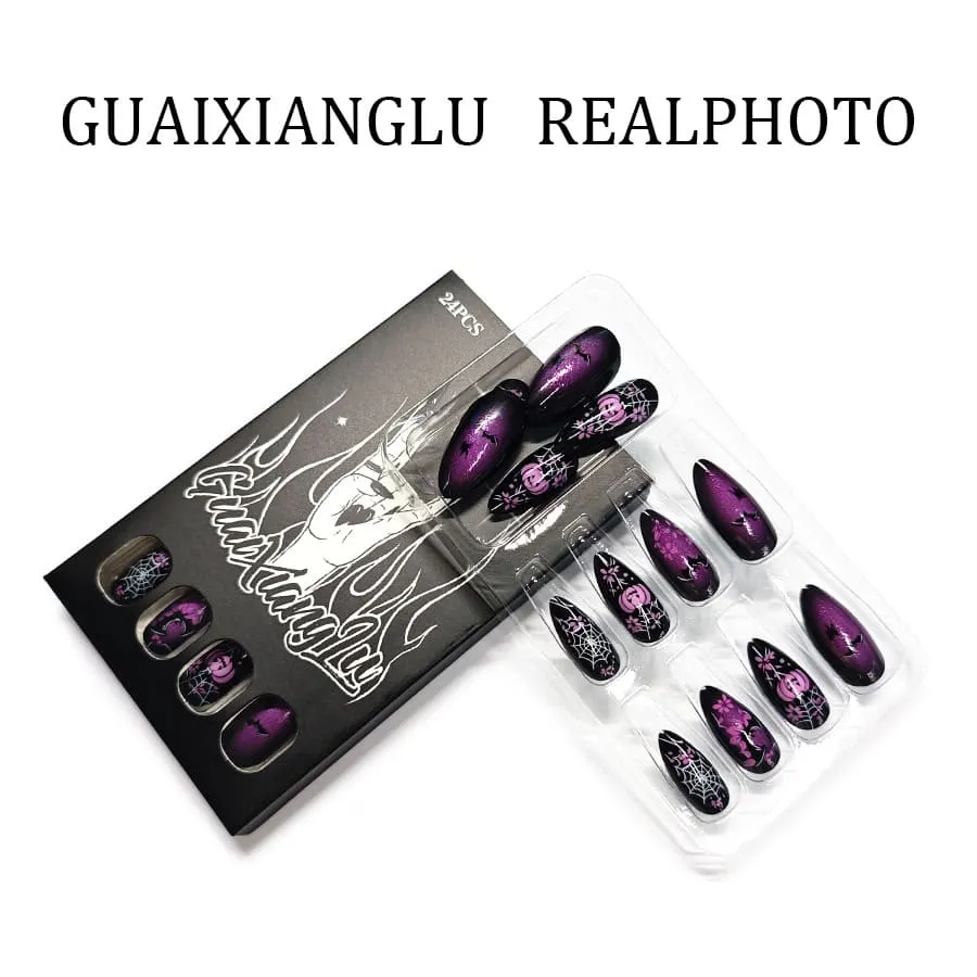 Nailhour 24Pcs Pumpkin Spider Purple Glossy Halloween Medium Almond Press On Nails