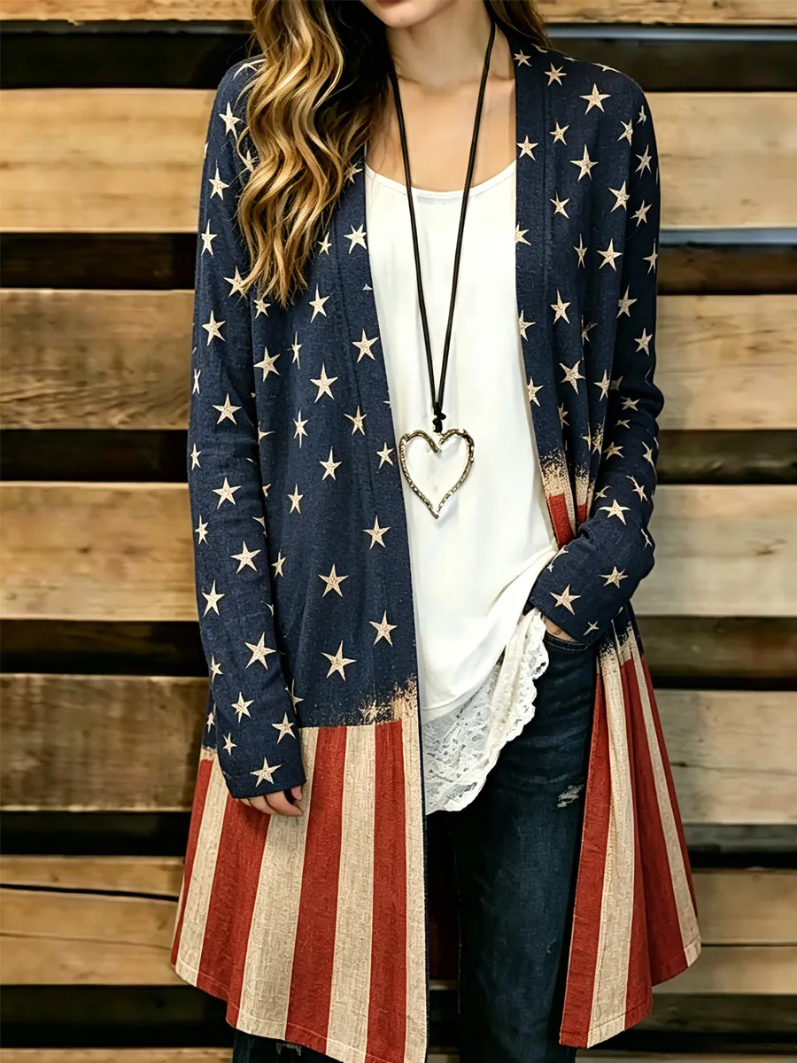 Women's Casual American Flag Print Cardigan