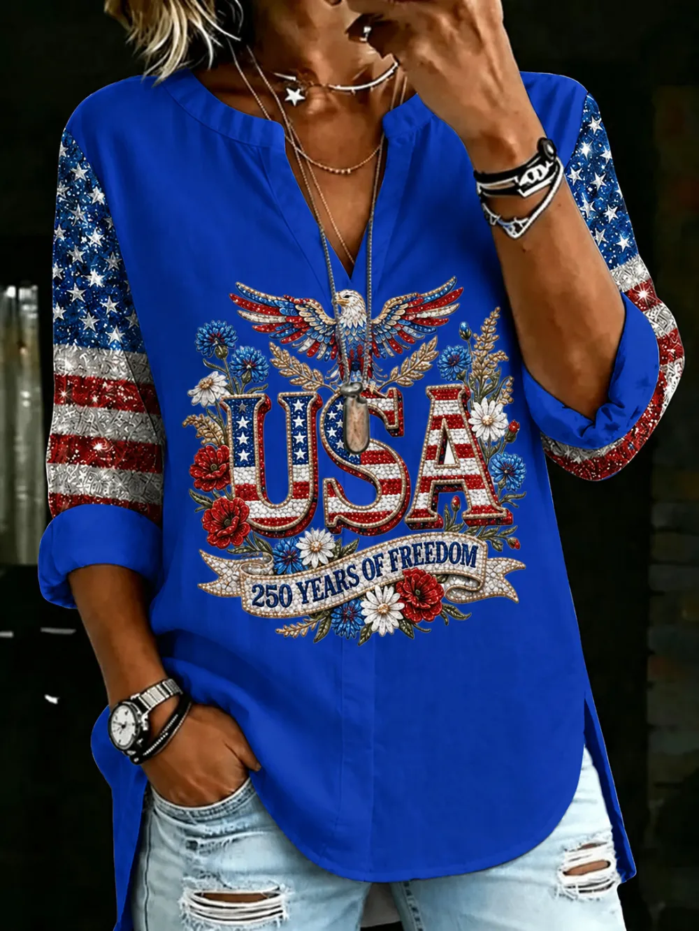 Women'S Retro Independence Day American Flag Notch V-Neck Top