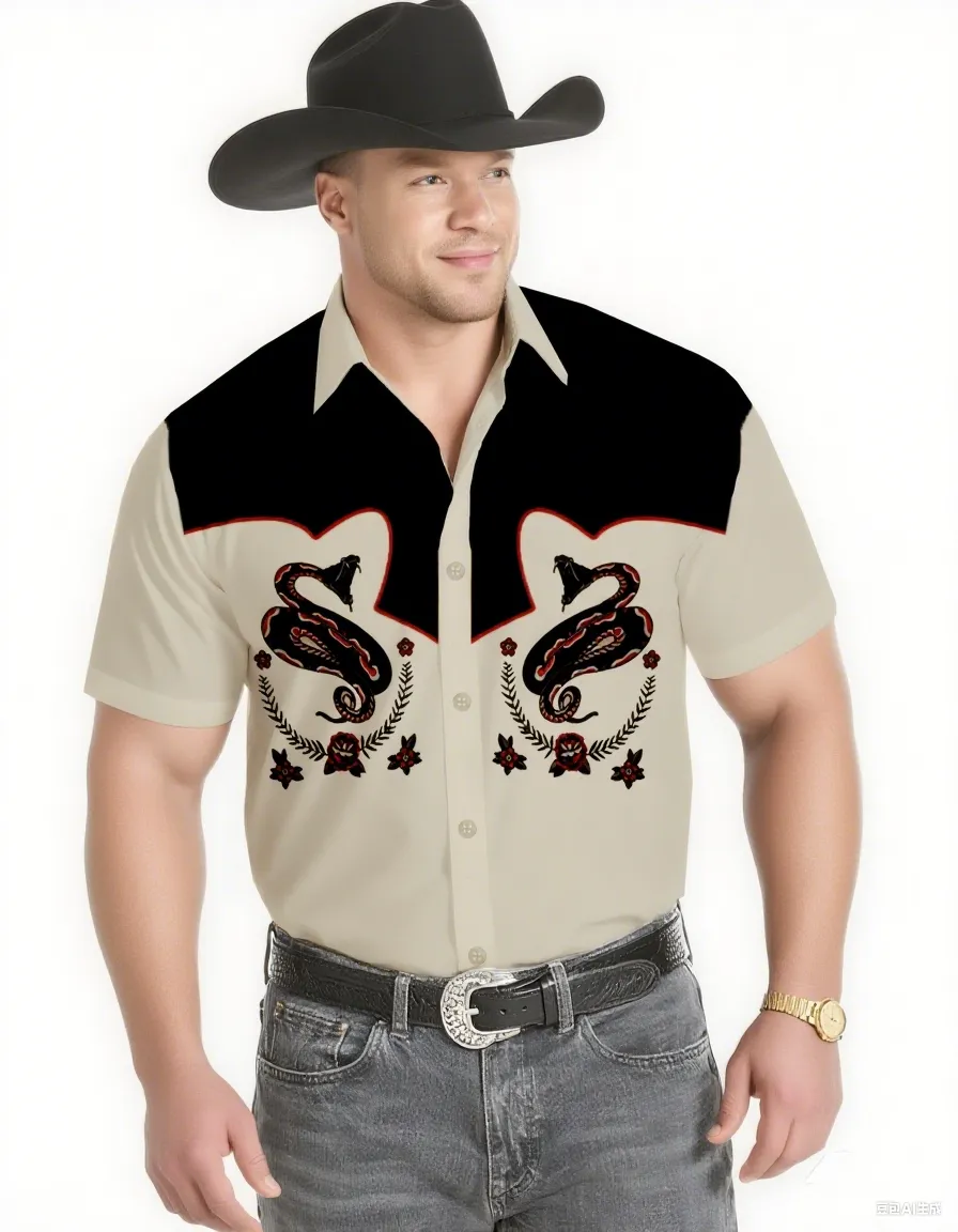 Big & Tall Men's Western Style Khaki Black Rattlesnake Short Sleeve Shirt