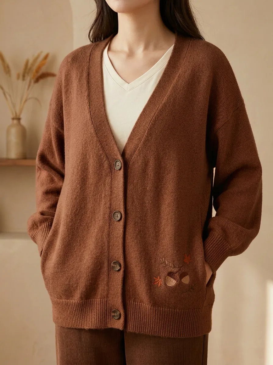 Relaxed Acorn Leaf Embroidered Women's Knit Cardigan