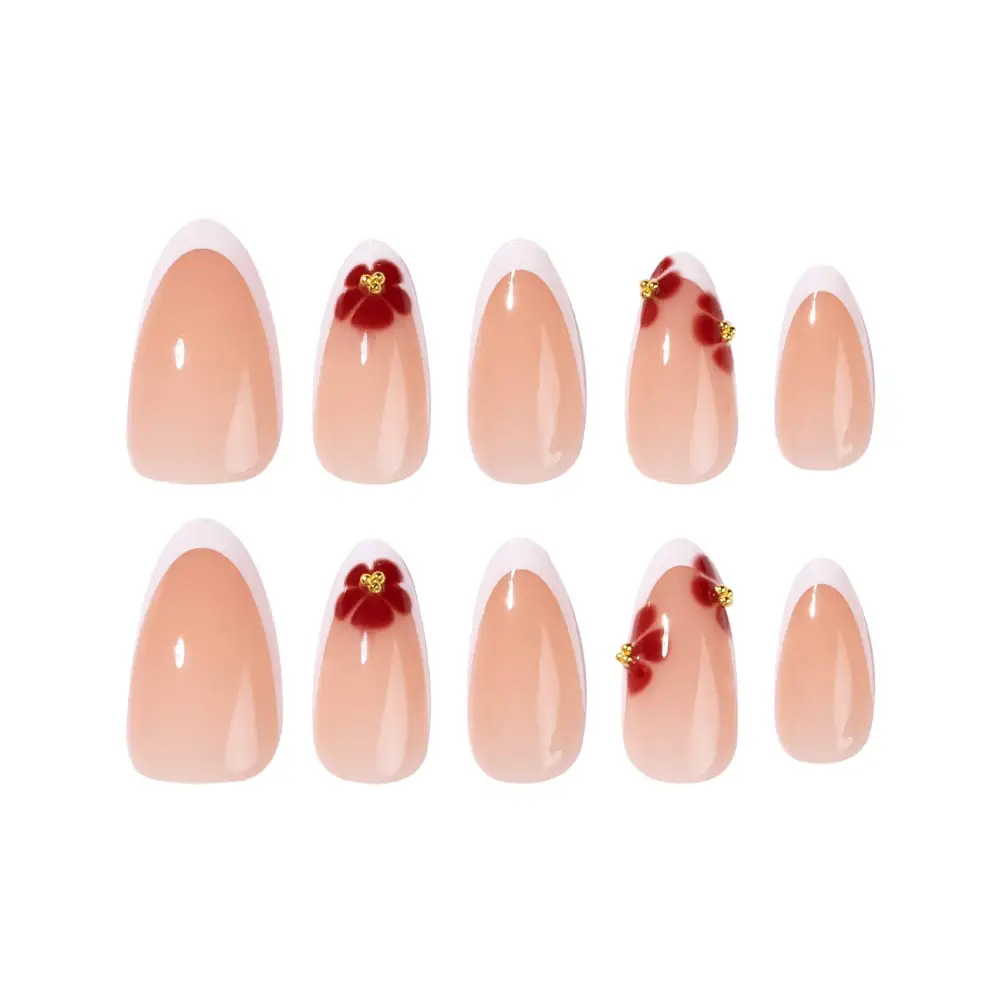 Nailhour 24Pcs French Medium Almond 3D Gilded Floral Press On Nails