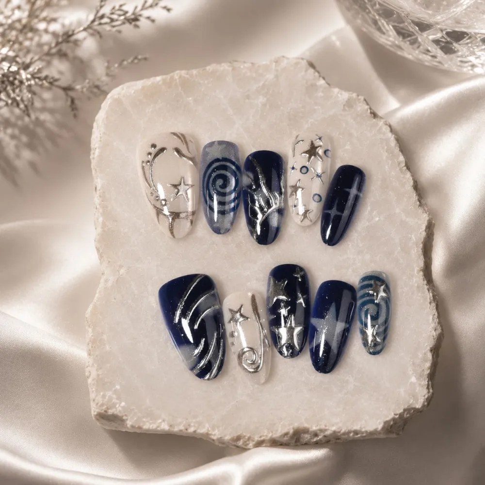 Nailhour 30Pcs Dark Metallic Medium Almond French Press On Nails