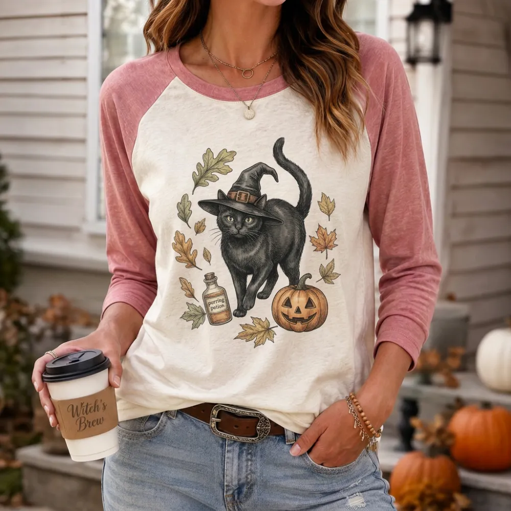 Women's Halloween Cat Witch Pumpkin Potion Printed T-shirt