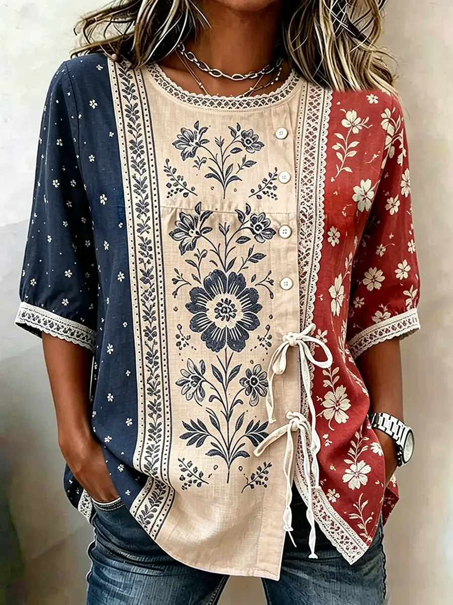 Women's Cotton Linen Floral Floral 250th Anniversary Digital Print Top