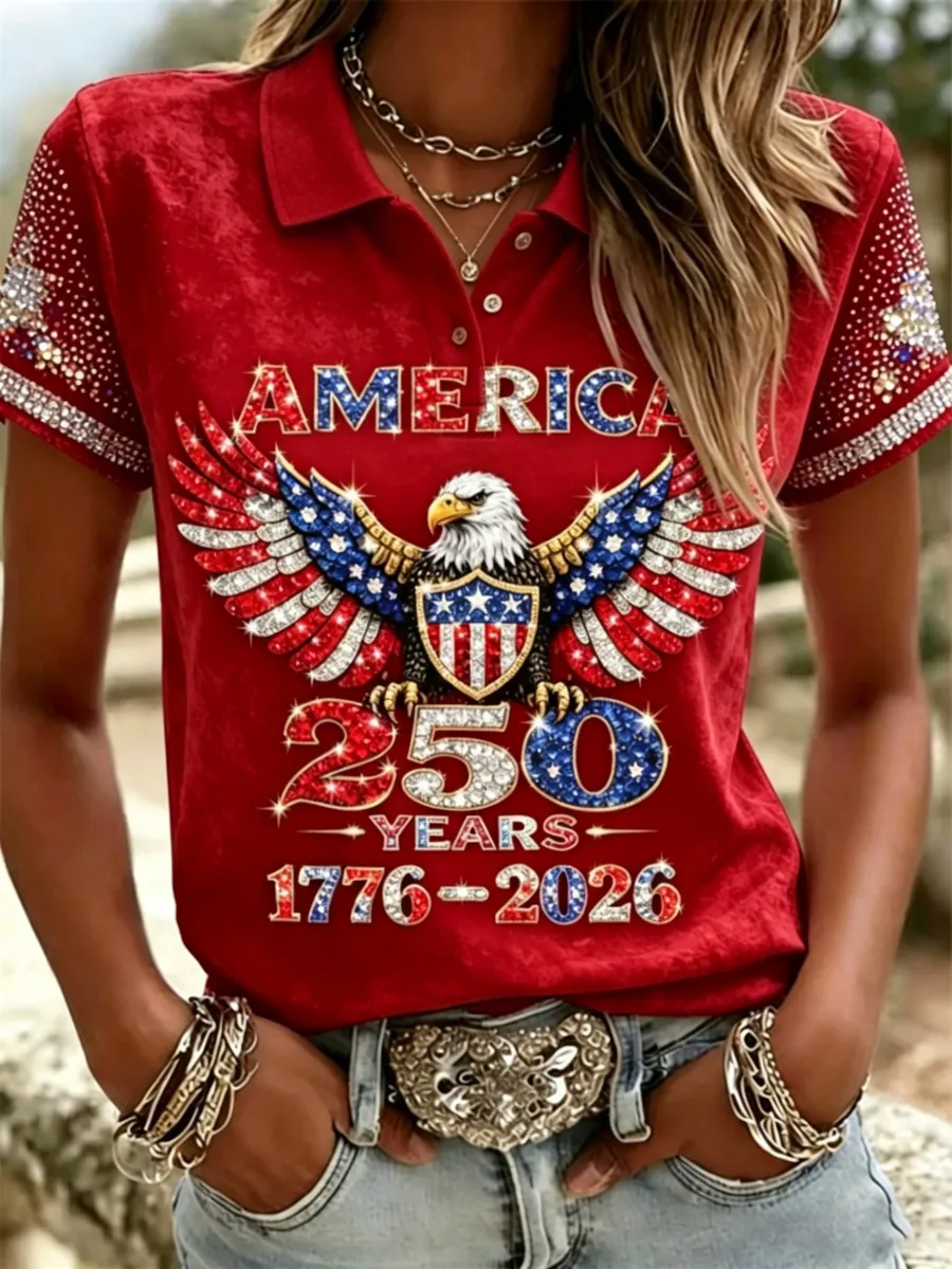 American 250th Anniversary Rhinestone Design Women's Polo Shirt