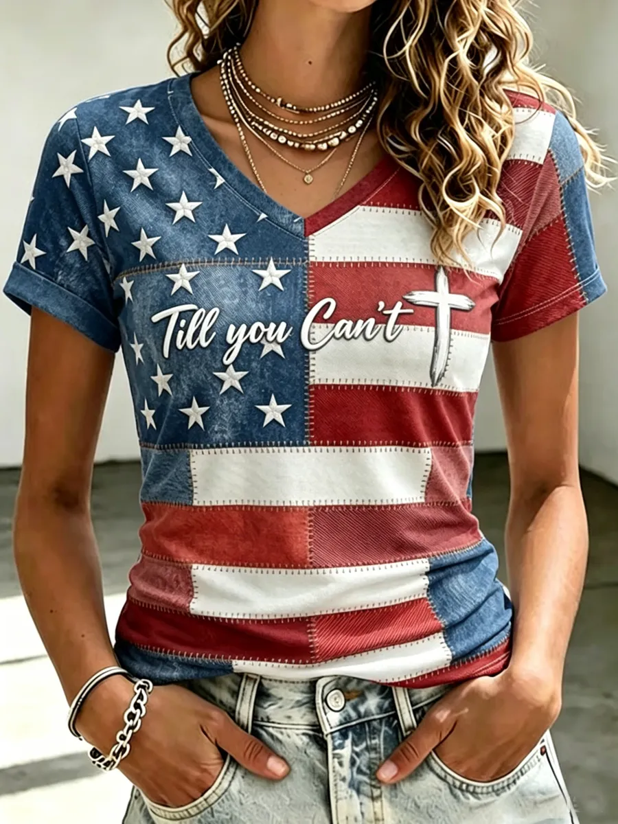 Women's Casual Color Block Print Short-Sleeve T-Shirt