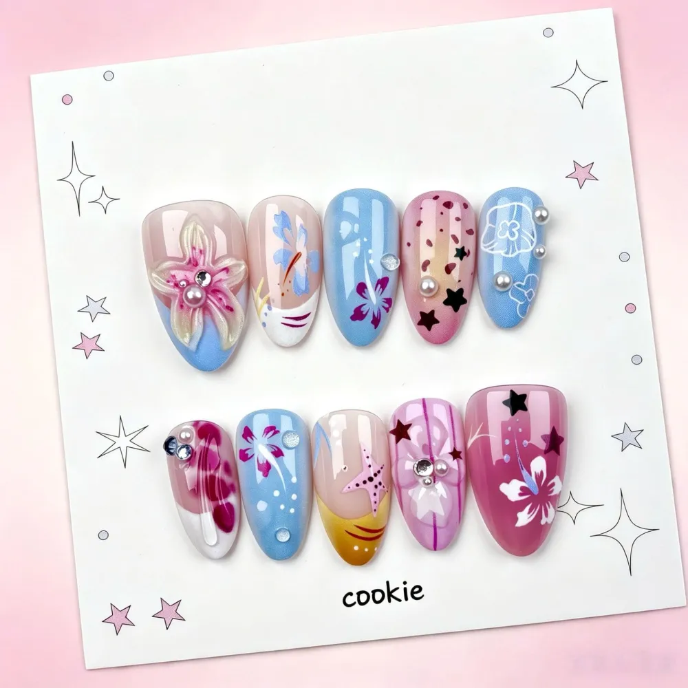 Nailhour 30Pcs Dopamine Floral 3D Medium Almond French Press On Nails